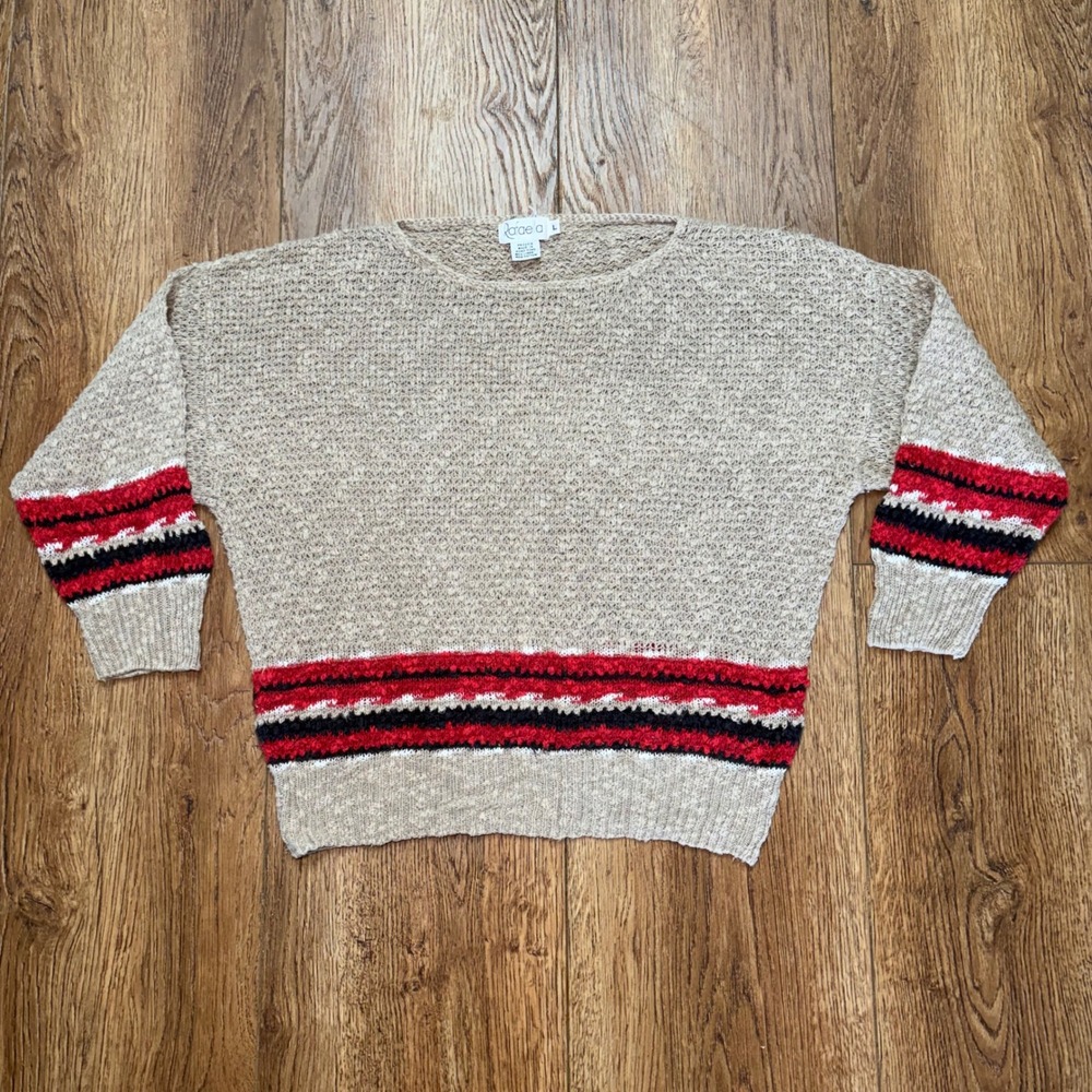 Vintage Rafaella Linen Cotton Knit Sweater Cream Red Striped Boat Neck sz Large